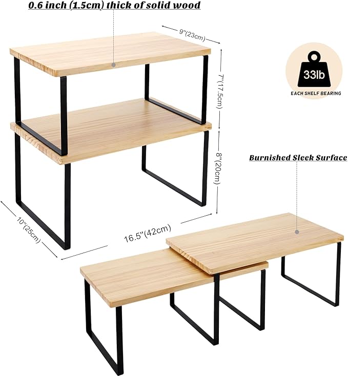 Bamber Large Cabinet Shelf Organizers Solid Wood Spice Rack Organizer for Cabinet Kitchen Countertop Storage, 16.5x10 Inches, Set of 2-Ruum Studio Home