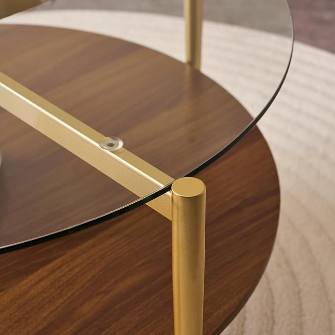 Round Coffee Table, Mid-Century Modern Design, D30“ x H17”, for Living Room, 2-Tier Structure, Clear Glass Top and Walnut MDF Shelf, Sleek Conical Metal Legs with Gold Finish-Ruum Studio Home