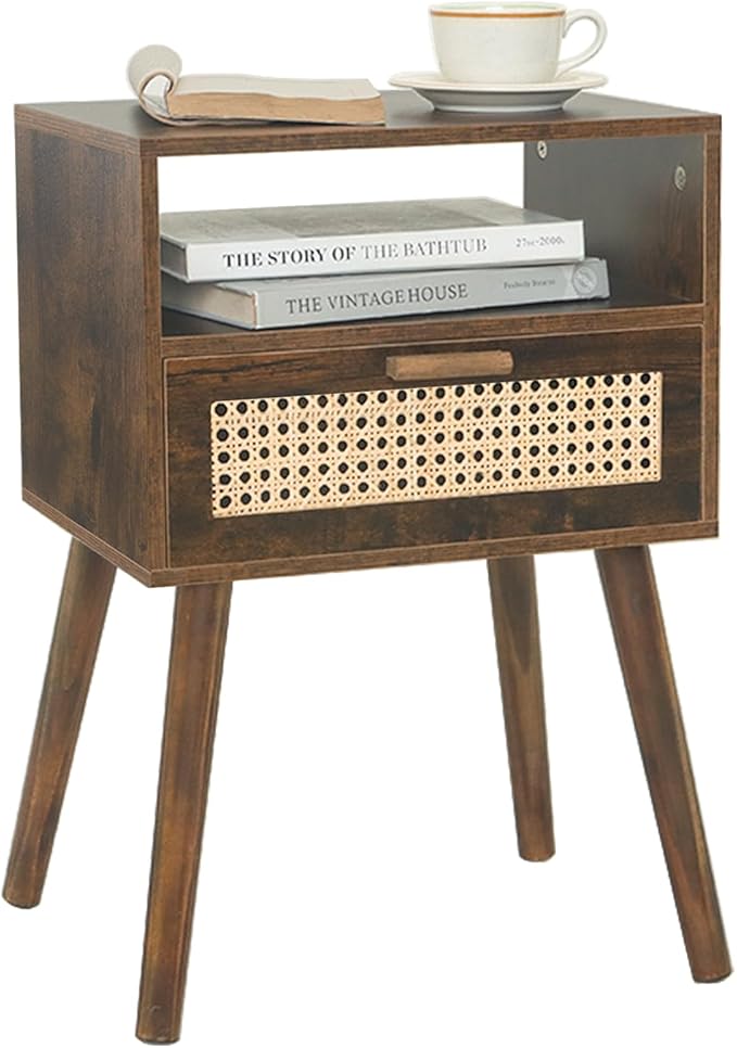 MaxSmeo Mid Century Nightstand, Rattan Side Table with Drawer, Wood Modern Bedside Table for Bedroom, Living Room and Small Spaces (Rustic Brown)-Ruum Studio Home