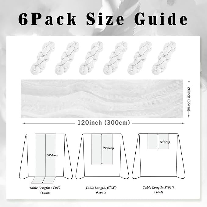 10FT 6 Pack White Cheesecloth Table Runner 20 x 120 Inch Long Rustic Gauze Cheese Cloth Table Runner for Wedding Bridal Baby Shower Table Decorations Boho Fabric Sheer Birthday Party Table Decor-Ruum Studio Home
