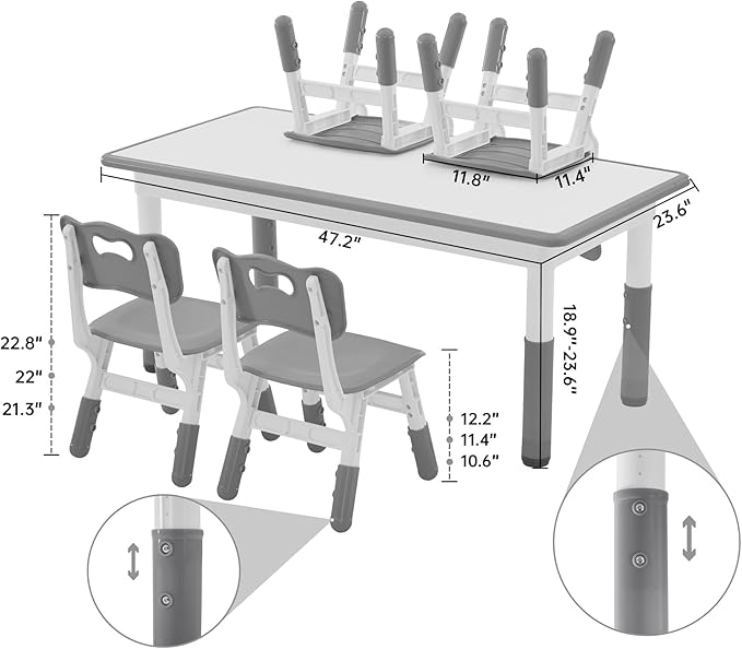 Kids Study Table and Chairs Set, Height Adjustable Toddler Table and Chair Set for Kids Ages 3-8, Graffiti Desktop (Grey)-Ruum Studio Home