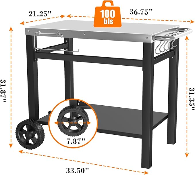 Outdoor Grill Table, Movable Dining Cart, Pizza Oven Table Stand, Double-Shelf Grill Stand, Food Prep and Work Cart with Wheels, Hooks, Fits for Blackstone Ninja-Ruum Studio Home