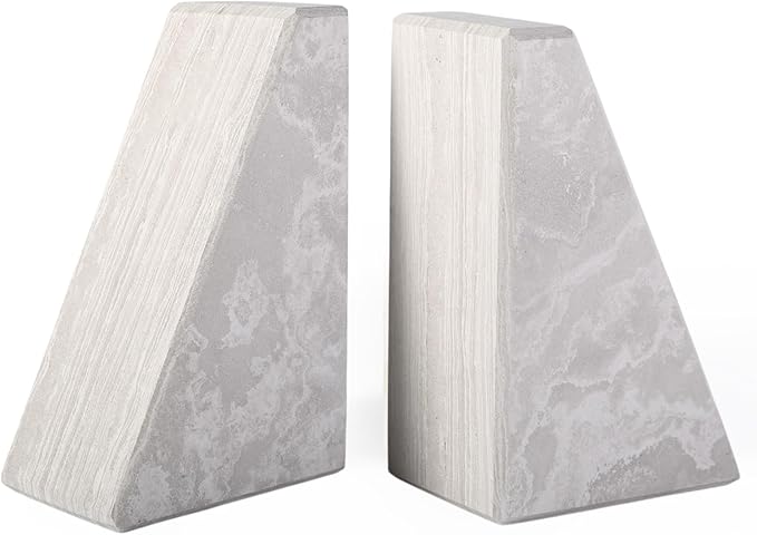 Marble Bookends for Heavy Books, Decorative Book Ends for Shelves, Durable and Heavy-Duty Bookends for Hardback Book & CDS, Off-White Unique Books Stopper & Holder, Set of 2-Ruum Studio Home