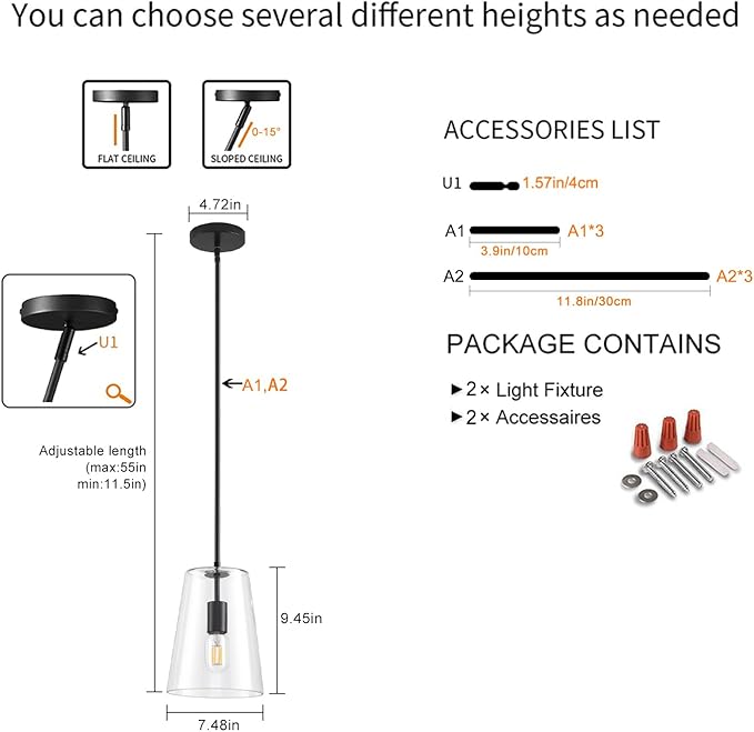 Black Big Pendant Lights Kitchen Island - Clear Glass Pendant Light Fixture Multiple Stems Rods 3 Units 12 Inch 3 Units 4 Inch (2 Pack Black Downrod Pendant with 7.5in W 9.5in H Shade)-Ruum Studio Home