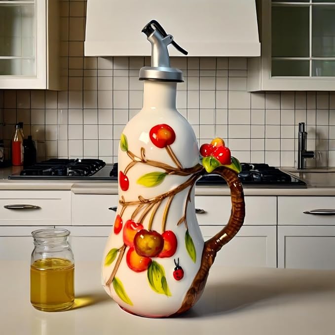 18.26oz/540ml Ceramics Olive Oil Dispenser Bottle,Hand Painted Reliefs Oil Dispenser for Kitchen,Oil Bottles for Kitchen (Cherry)-Ruum Studio Home
