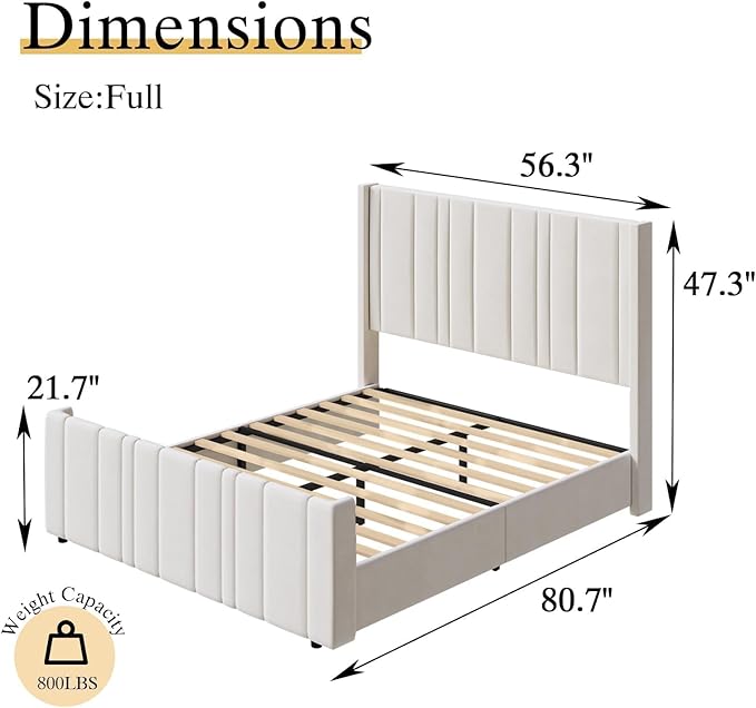 HOMBCK Full Bed Frame Upholstered Bed with Vertical Channel Tufted Headboard & Footboard/Wooden Slats/No Box Spring Needed/Easy Assembly, Cream-Ruum Studio Home