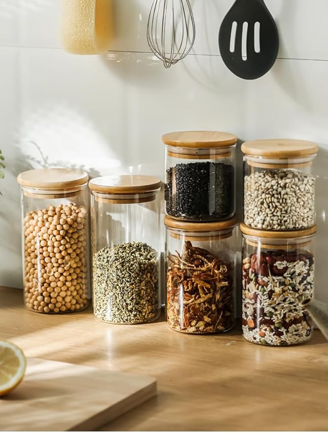 Glass Food Storage Jars, Glass Jars with Bamboo Lids, Kitchen Storage Jars, Canisters with Airtight Lids for Spice, Coffee, Cookie, Set of 5, Pantry Organizers-Ruum Studio Home