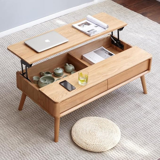100% Solid Wood Lift Top Coffee Table for Living Room, Mid Century Modern Tables with Drawers and Large Storage, Oak Coffee Tables for Small Spaces (Oak Wood Log, 39.37" W x 21.65" D x 25.59" H)-Ruum Studio Home