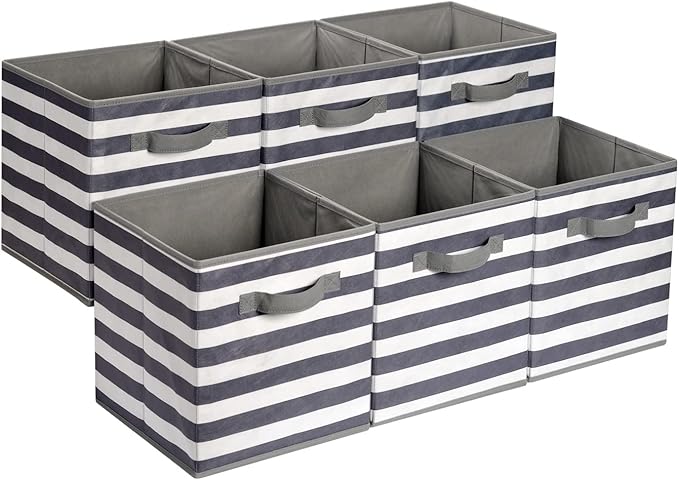 Amazon Basics Cube Organizer Storage Bins Handles, Collapsible Fabric, Pack of 6, 13"x13"x13", White/ Light Grey Stripe-Ruum Studio Home