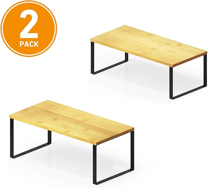 SpaceAid Cabinet Shelf Organizers 2 Pack, Kitchen Counter Rack Shelves Riser, Stackable Expandable Spice Rack, Pantry Cupboard Storage Organization (Black and Natural, Long)-Ruum Studio Home