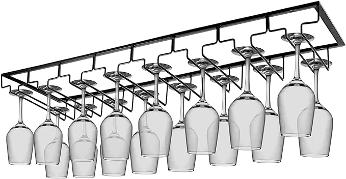 Xverycan Wine Glass Rack Under Cabinet, 8 Row Extreme Large Stemware Hanger, Metal Wine Goblet Holder, DIY Bar Glass Storage Rack for Bar Counter, Kitchen, Screws Included (Black)-Ruum Studio Home