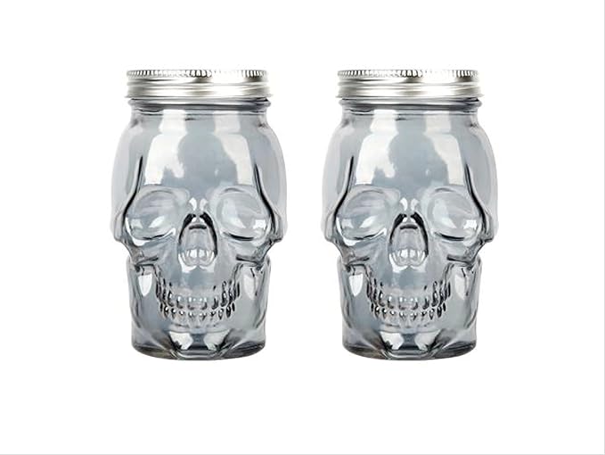 Set of 2 Skull Mason Jar Glasses with Lids | 16oz Reusable Halloween Drinking Glasses | Unique Skull Décor, Storage, & Canning Jars for Parties & Gifts-Ruum Studio Home