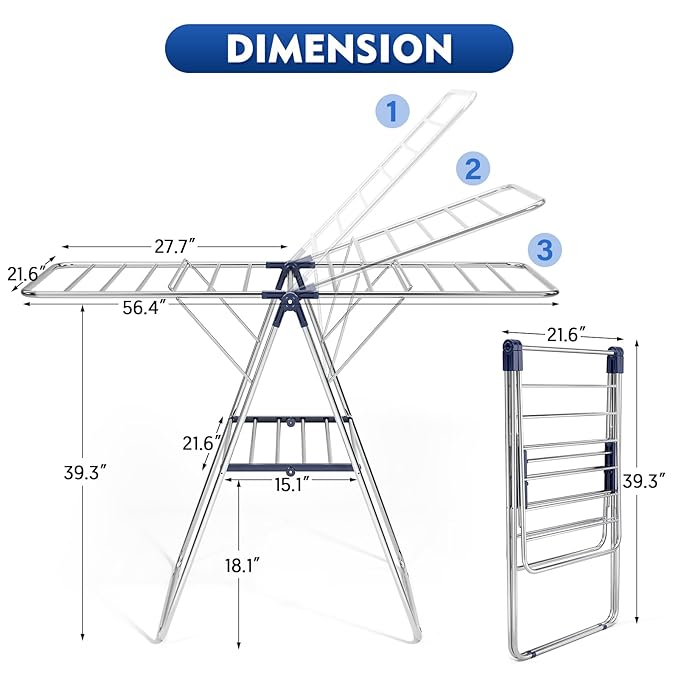 APEXCHASER Clothes Drying Rack, Drying Rack Clothing with Height-Adjustable, Foldable Gullwings Laundry Drying Rack, Indoor Outdoor Use, No Assembly-Ruum Studio Home