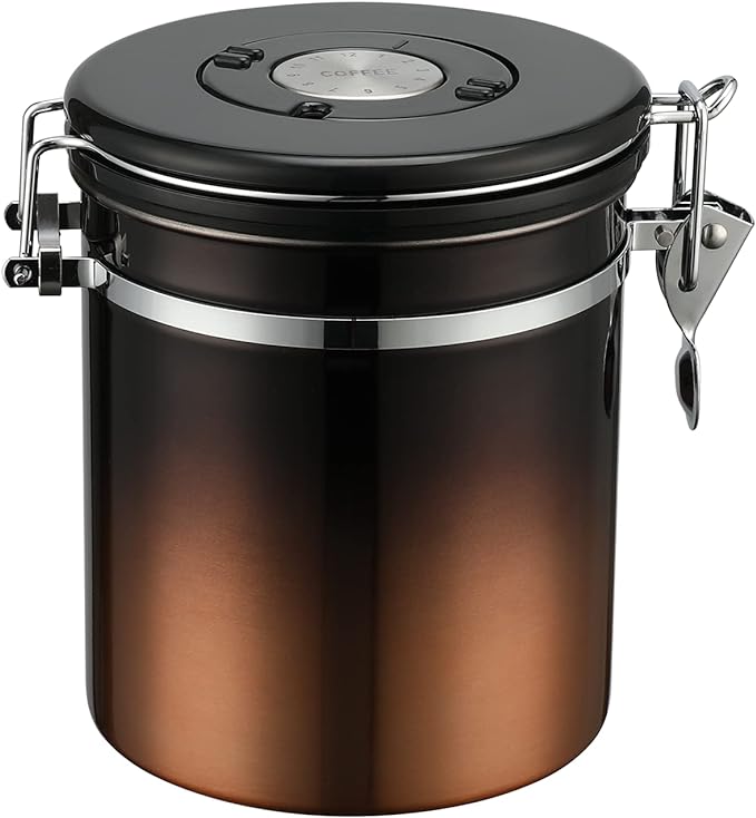 malmo Coffee Canister, Airtight Coffee Container with Date Tracker Lid, Stainless Steel Canister for Kitchen Food Storage (Black-Copper, 16oz)-Ruum Studio Home