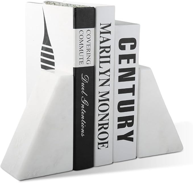 Marble Book Ends Decorative, Unique Bookends for Shelves, White Stone Bookends Holds Heavy Books, Weighted Book Holder Stopper for Home Office Desk Bookshelf Decoration, Set of 2-Ruum Studio Home
