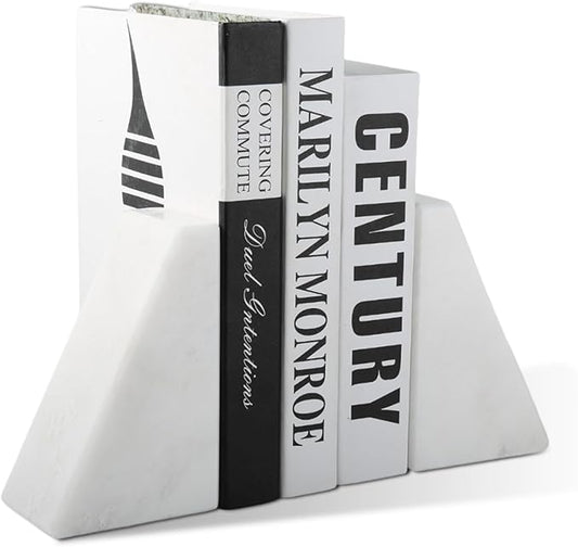 Marble Book Ends Decorative, Unique Bookends for Shelves, White Stone Bookends Holds Heavy Books, Weighted Book Holder Stopper for Home Office Desk Bookshelf Decoration, Set of 2-Ruum Studio Home