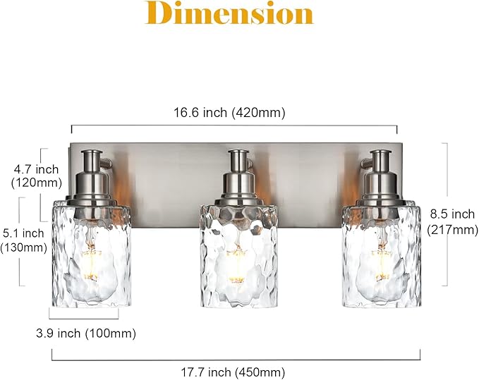 BONLICHT Bathroom Vanity Light Fixtures 3 Lights Modern Wall Sconce Brushed Nickel with Metal Base and Hammered Glass Shade, Industrial Farmhouse Bath Wall Lights for Hallway Kitchen Bedroom-Ruum Studio Home