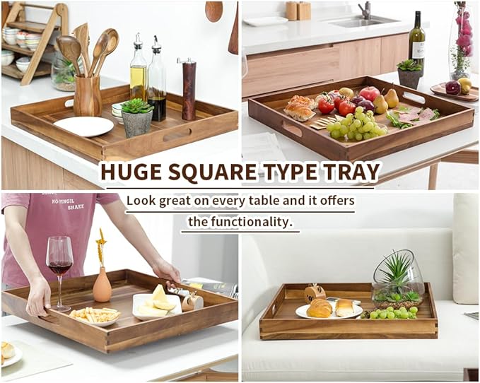 Extra Large Square Wood Tray, Generously 22" Acacia Serving Trays for Large Ottoman Coffee Table, Giant Square Shape Sofa Tray with Handles, Kitchen Organizer Storage Trays Huge Counter Serveware-Ruum Studio Home