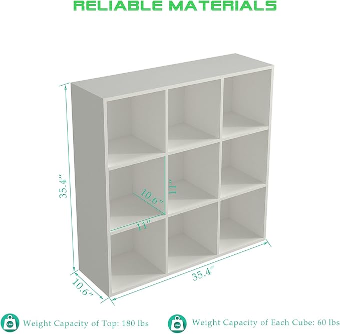 9-Cube Storage Shelf Bookcase - Wooden 3-Tier Floor Standing Open Bookshelf for Home and Office, Display Cabinet, Warm White-Ruum Studio Home