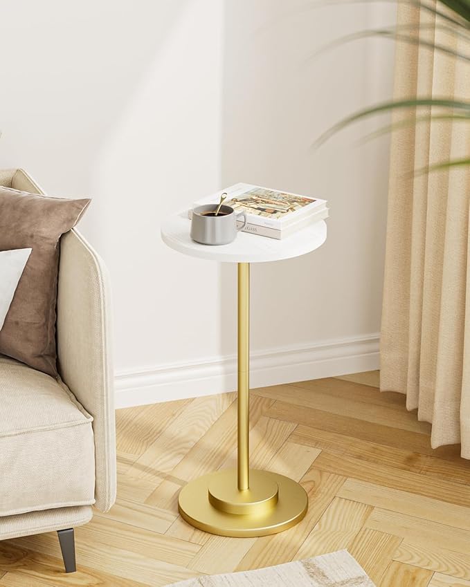 Masupu Drink Table, Round Side Table for Small Spaces, Pedestal Side Table, Small End Table with Metal Base, for Living Room, Bedroom, Bathroom, White Gold-Ruum Studio Home