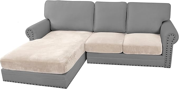 H.VERSAILTEX Velvet Stretch Sectional Couch Covers 3 Pieces Sofa Seat Cushion Covers L Shape Separate Cushion Couch Cover for Both Left/Right Sectional Couch (Large Sofa 2 Seater + 1 Chaise, Ivory)-Ruum Studio Home