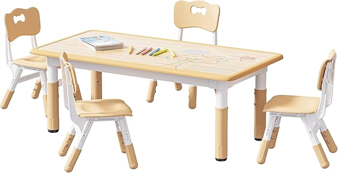 Brelley Kids Table and 4 Chairs Set, Height Adjustable Toddler Table and Chair Set, Graffiti Desktop, Non-Slip Legs, Max 300lbs, Children Multi-Activity Table for Ages 2-8-Ruum Studio Home