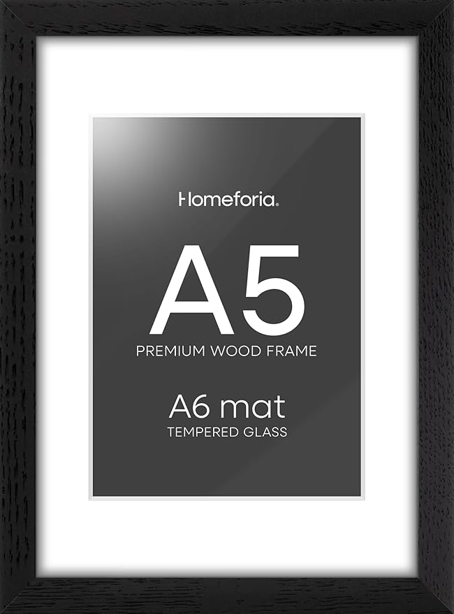 Homeforia A5 Picture Frame Black Wood, High-End Oak 5.8x8.3 Frame Matted to 4.1x5.8 inch Photo, A5 Size Walnut Wooden Frames with Mat A6 for Print, 5.8 by 8.3 Frame, Tempered Glass, Wall Kit, Set of 1-Ruum Studio Home