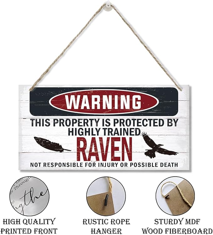 Warning Sign, Raven Warning Wood Plaque Sign, Funny Door Signs, Decorative Wood Hanging Suspension Plaque, Farmhouse Wooden Wall Decor, Outdoor Hanging Wooden Signs-Ruum Studio Home