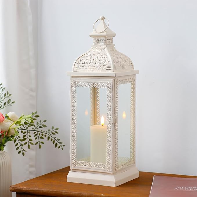 TRIROCKS Rustic Style Metal Candle Lantern 19'' High Decorative Hanging Lantern Candle Holder with Tempered Glass for Christmas Living Room Garden Yard Patio Parties Events Indoors Outdoors(Cream)-Ruum Studio Home