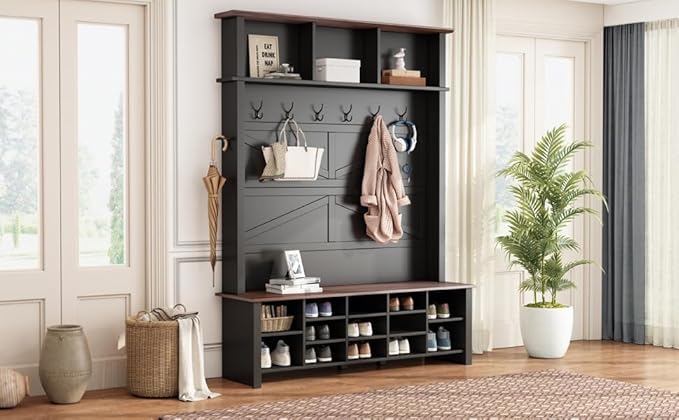 Ball & Cast 4-in-1 Hall Tree with 6 Hooks,Walnut Entryway Bench with Adjustable Shelves,Rustic Shoe Organizer with 16 Open Compartments,for Mudroom,Living Room,Hallway,Black-Ruum Studio Home