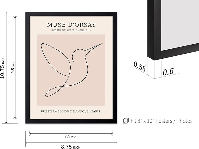 Poster Master Vintage Poster - Retro One Line Hummingbird Drawing Print - Bird Line Art - Minimal Gift for Him, Her, Animal Lover - Abstract Decor for Home, Office, 8x10 Black Framed-Ruum Studio Home