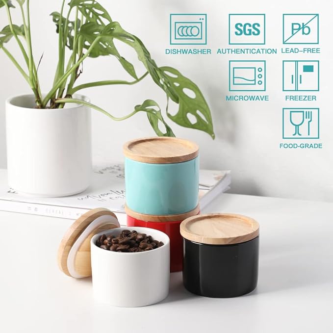 Sweejar Kitchen Canisters Ceramic Food Storage Jar, Stackable Containers with Airtight Seal Wooden Lid for Serving Ground Coffee, Tea, Sugar, Spice and More - 5 Fl Oz(Red)-Ruum Studio Home