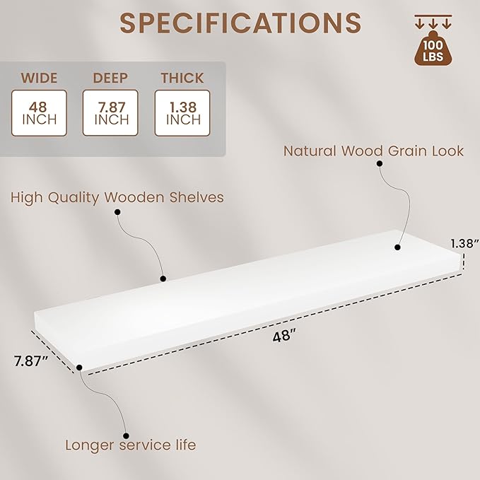 White Floating Wood Shelves for Wall 48 Inch, 8 in Deep Pine Shelf Floating Home Decor, Heavy Duty Shelf Hold 100 lbs, Wall Shelves for Bathroom Living Room Kitchen Bedroom Office Book, Set of 2-Ruum Studio Home