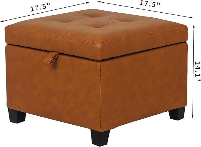Adeco 17.5" Faux Leather Storage Ottoman with Hinged Lid, 14 Inch High Square Cube Foot Stool with Storage, Upholstered Vanity Stool with Solid Wood Legs for Living Room, Bedroom, Dorm (Warm Orange)-Ruum Studio Home