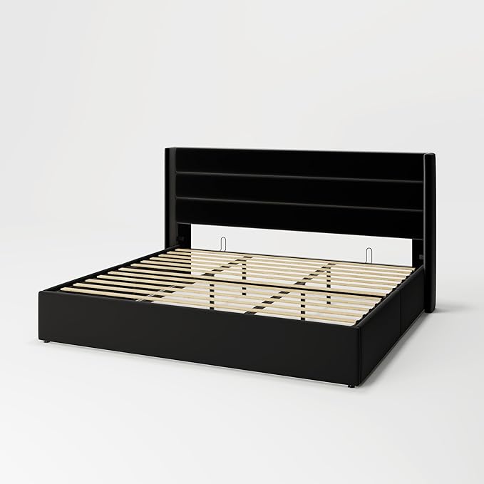 Allewie King Size Velvet Lift Up Storage Bed, Modern Wingback Headboard, Hydraulic Support, No Box Spring Needed, Black-Ruum Studio Home