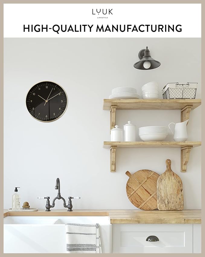 LUUK LIFESTYLE Modern Wall Clock with Silent Quartz Movement, Stylish & Functional, Decoration for Bedroom, 12 inch, in Black & Gold-Ruum Studio Home