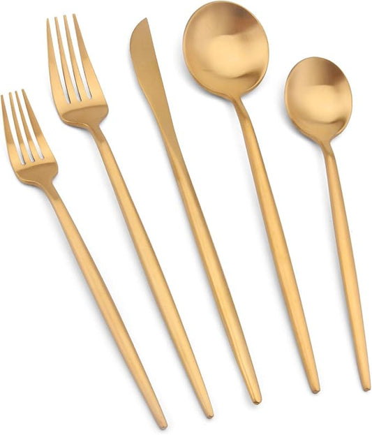 Matte Gold Silverware Set, Vanys 20 Piece Stainless Steel Cutlery Flatware Set, Kitchen Utensil Sets for 4, Tableware With Knife Spoons And Forks Set, Satin Finished Polished-Ruum Studio Home