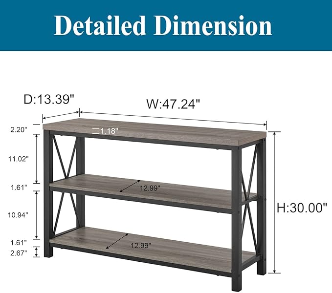 BON AUGURE Rustic Sofa Table Behind Couch, Industrial Console Tables for Entryway, 3 Tier Wood Shelves Entry Table with Storage for Foyer, Hallway, Front Door (47 Inch, Dark Grey Oak)-Ruum Studio Home