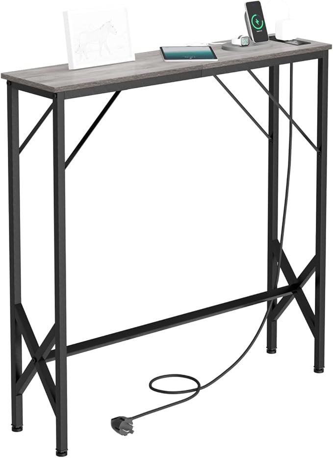 31.5‘’ Console Table, Skinny Entryway Table with Fast-Charging Station, Narrow Long Sofa Table, Behind Slim Couch Table for Entrance, Hallway, Living Room Decor ST-GY80-1-Ruum Studio Home