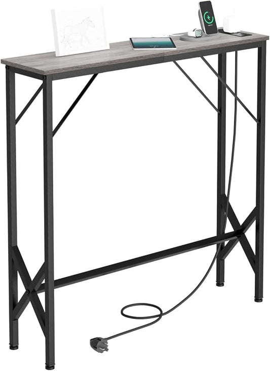 31.5‘’ Console Table, Skinny Entryway Table with Fast-Charging Station, Narrow Long Sofa Table, Behind Slim Couch Table for Entrance, Hallway, Living Room Decor ST-GY80-1-Ruum Studio Home