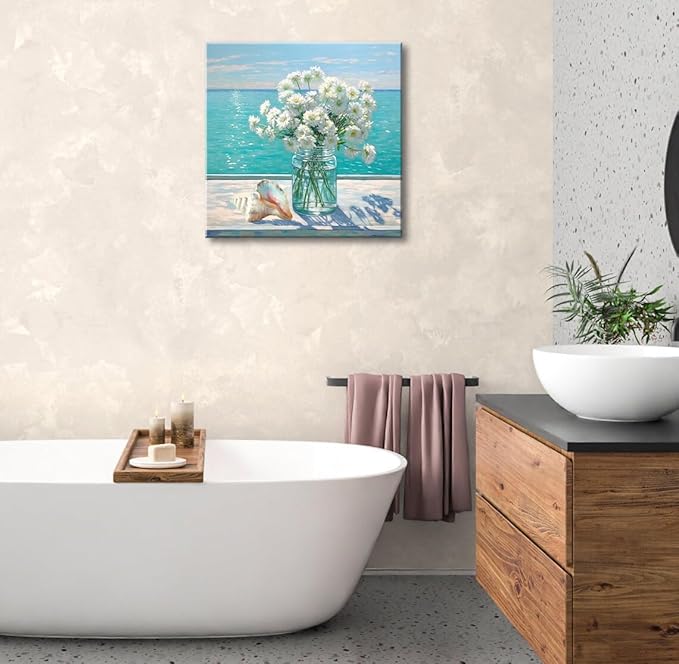 Bathroom Decor Ocean Daisy Flower Canvas Wall Art Coastal Nautical Seashell Seascape Framed Picture Ocean Theme Seascape Painting Artwork for Bedroom Home Decoration Square Blue 14x14"-Ruum Studio Home