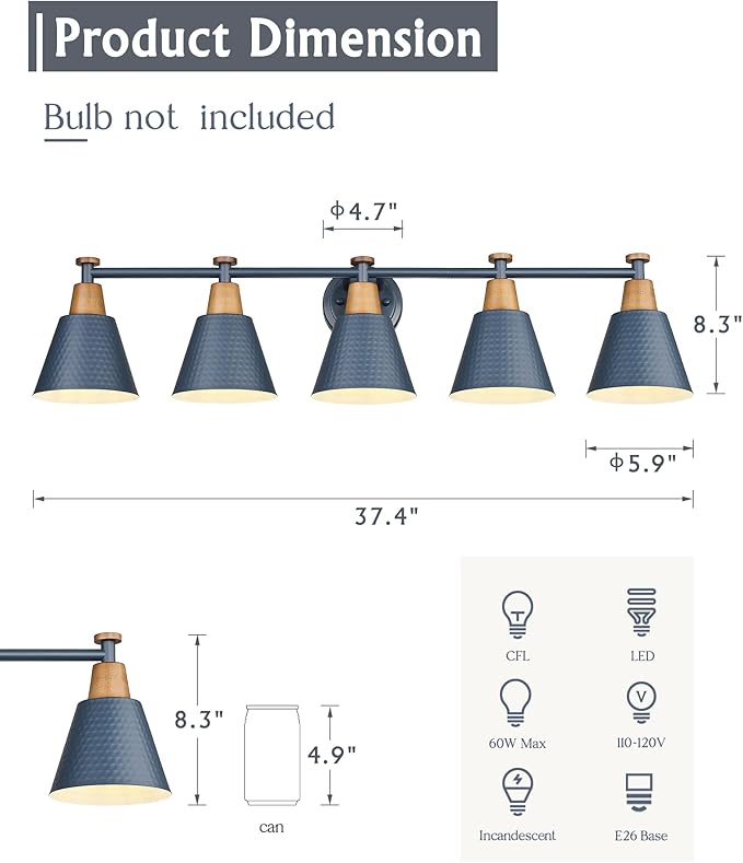 FEMILA 5 Light Bathroom Vanity Light, 37.4" Bathroom Lighting Fixtures Over Mirror, Blue Finish, E26 Base, 4FG59B-5W Blue-Ruum Studio Home