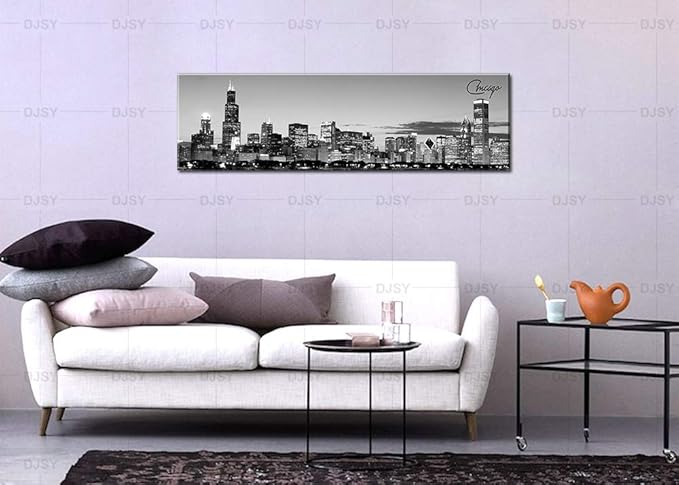 DJSYLIFE Chicago Skyline Wall Art - Black and White Modern Panoramic Cityscape Night View Picture Painting Bedroom Office Living Room Kitchen Home Decoration - Ready to Hang 13.8 "x 47.3" - Chicago 2-Ruum Studio Home