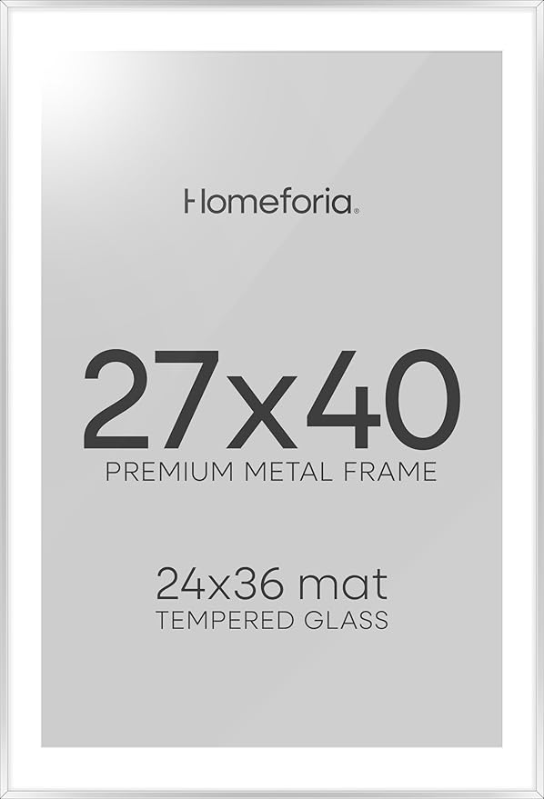 Homeforia Silver 27x40 Poster Frame, Metal Picture Frame with 24x36 Mat, Tempered Glass, Wall Hook Included, Set of 1-Ruum Studio Home