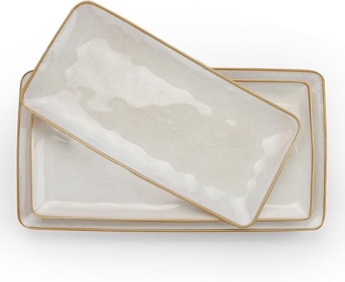 famiware Serving Platter, Rectangular 15.67/14.1/12.6 inch Serving Dishes for Entertaining, Microwave Dishwasher Safe, Stonware Serving Trays for Party, Turkey, Cheese, Ocean Series, Cappuccino White-Ruum Studio Home