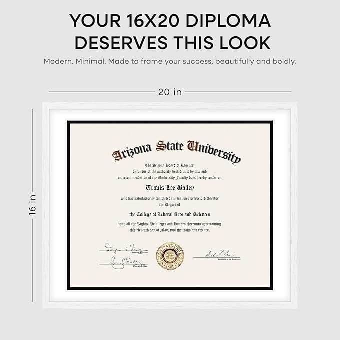 Homeforia 16x20 Diploma White Frame, High End Oak 16 x 20 Certificate Wood Frames with Mat 14 by 17 inch, 20x16 Document Frame Matted to 14x17, Wooden Degree Frames, Tempered Glass, Wall Kit, Set of 1-Ruum Studio Home