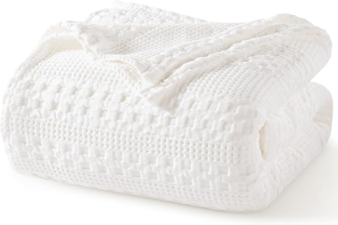 PHF 100% Cotton Waffle Weave Blanket Queen Size, Soft Lightweight Breathable Cozy Summer Blankets for Bed, Luxury Aesthetic Woven Bedding for Home Decor, 90"x90", White-Ruum Studio Home