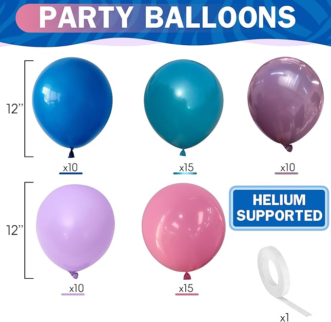 Blue Purple Balloons 60 Pcs 12 Inch Pink Light Purple Peacock Blue Latex Party Balloons for Kid Cartoon Theme Birthday Baby Shower Party Decorations Supplies-Ruum Studio Home