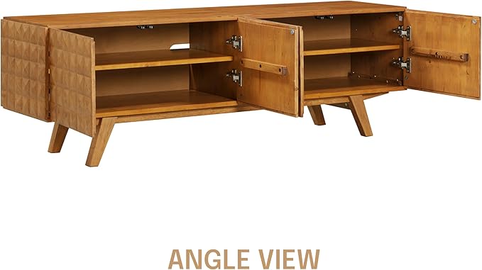 NTC Sapa Mid-Century Modern Solid Wood TV Stand 4-Door Media Console with Carved Geometric Fronts for TVs up to 75", Effortless Assembly, Teak Look-Ruum Studio Home