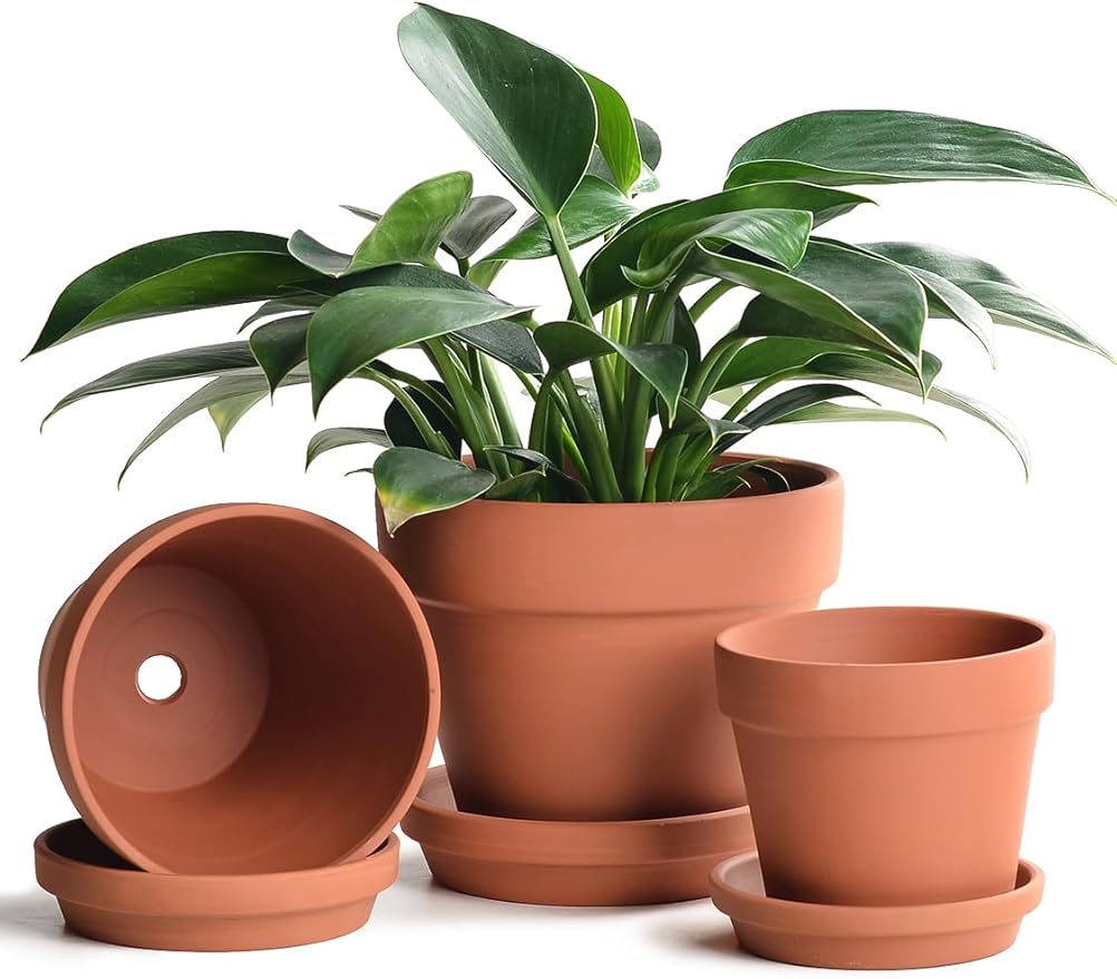 INGOFIN Terracotta Pots Set with Saucer - 5/6/7 inch Ceramic Clay Planters with Drainage Hole, Garden Flower Succulent Pots with Tray for Indoor Outdoor Plants, Set of 3-Ruum Studio Home